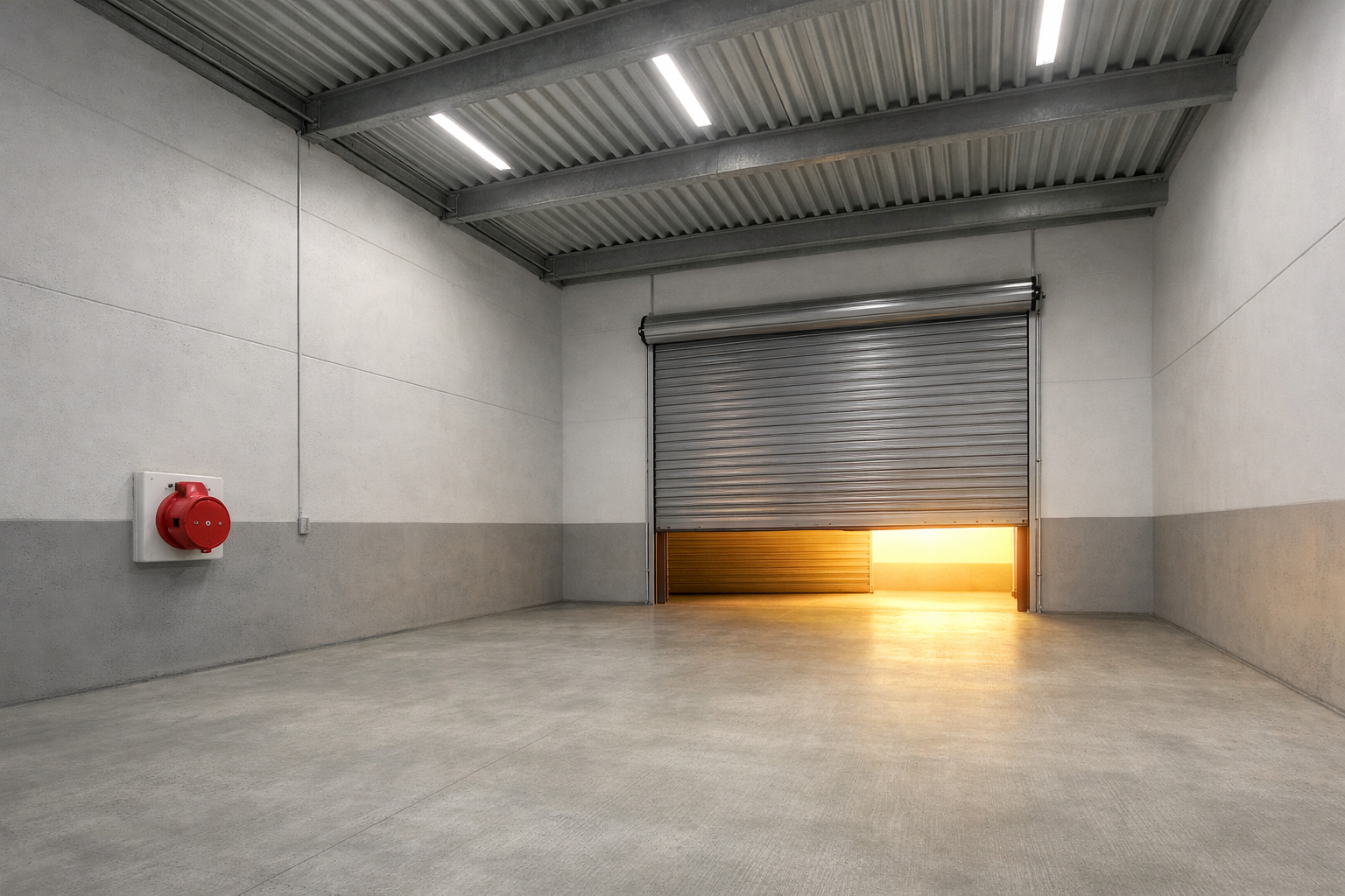 Innenansicht einer Lagerhalle mit 4,5 Meter Deckenhöhe und rotem CEE-Starkstromanschluss